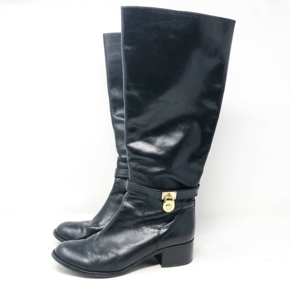 Michael Kors Black Leather Hamilton MK Charm Boots - Picture 1 of 7